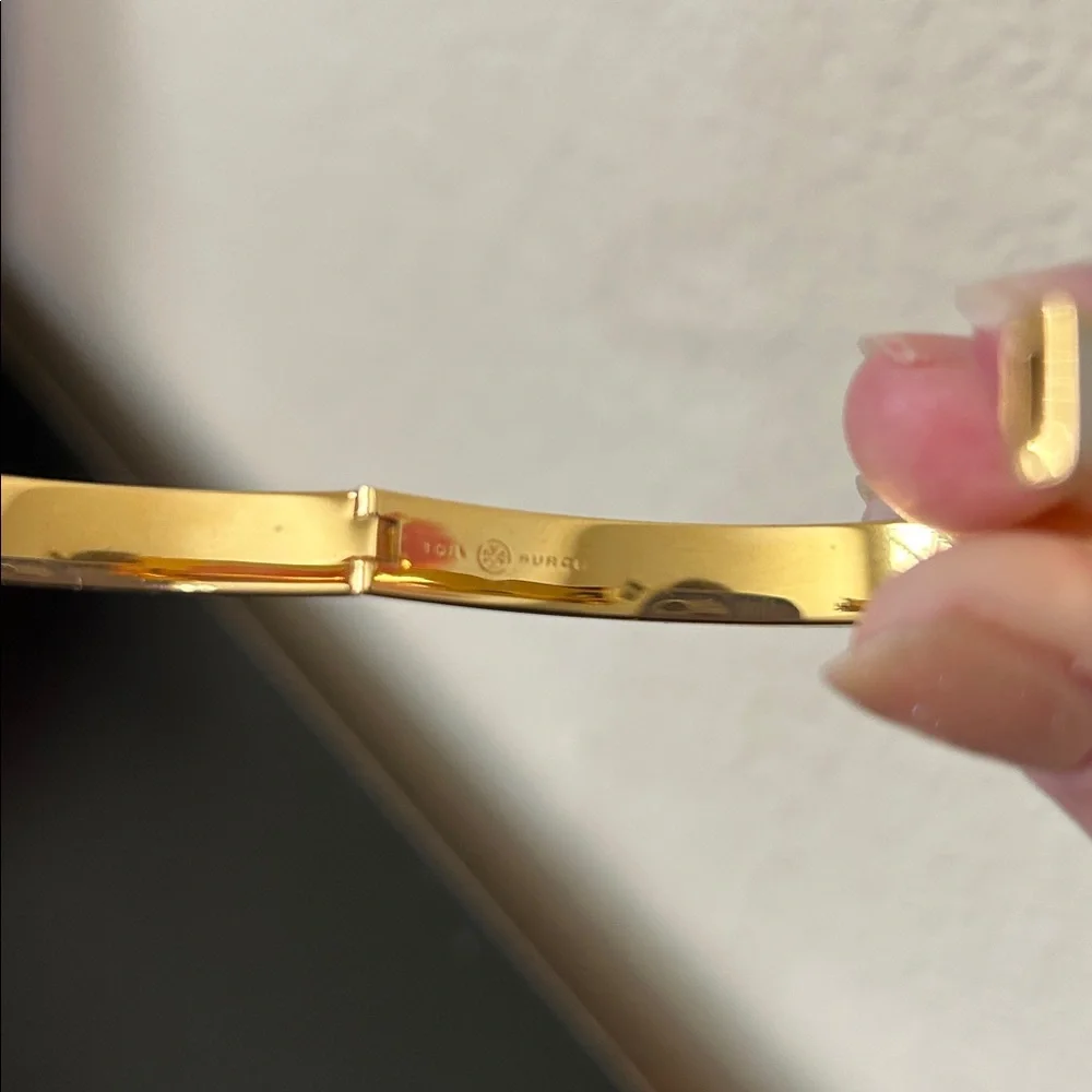 Tory Burch Zebra Print Kira Enamel 7mm Gold Hinge Bracelet Style #153654 NWT